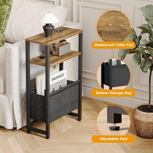 Narrow Side Table, Slim End Table with Magazine Rack, Skinny Bedside Table for Small Spaces, 3 Tier Sofa Couch Table Nightstand for Living Room, Bedroom, Walnut Brown LET503BR - Image 4