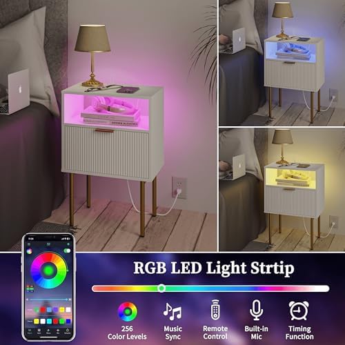 Modern Nightstand with Charging Station and LED Lights, White Bedside Table with Drawer, Fluted Side Table for Living Room, Bedroom - Image 4