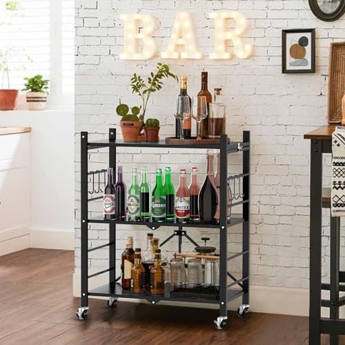 Himix 3 Tier Foldable Storage Shelf with Wheels 6 Hooks No Assembly Black - Image 2