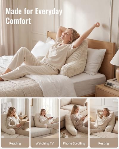 Blissful Diary Reading Pillow, Backrest Pillow with Shredded Memory Foam for Adult & Children, Designed for Bed and Couch Sitting Up, Includes Arms, Pockets and Washable Cover, Off White - Image 7