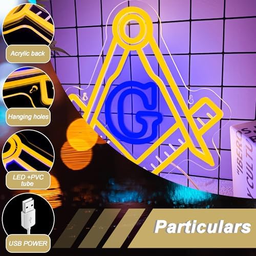 Mutank Masonic Neon Sign, USB Powered Dimmable LED Neon Light Symbolic Decor, for Brotherhood Historical Wall Game Room Study Man Cave Wall Decor, Gifts for Freemasons and Brothers(12.9 * 12.2 In) - Image 4