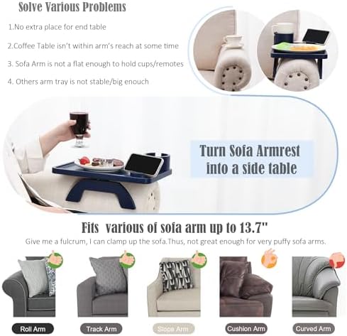 Nnewvante Couch Armrest Tray 3 in 1 Bamboo Clip-on Couch Table, Navy Blue, - Image 4