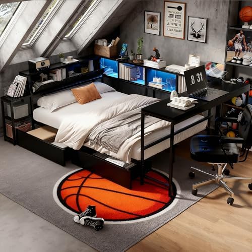 Bellemave Twin Size Corner Bed Frame with Storage Drawers, Bookcase and Side Desk, Twin Corner Bed with Light and Charging Station, Daybed for Bedroom, Living Room, Guest Room Black by Bellemave