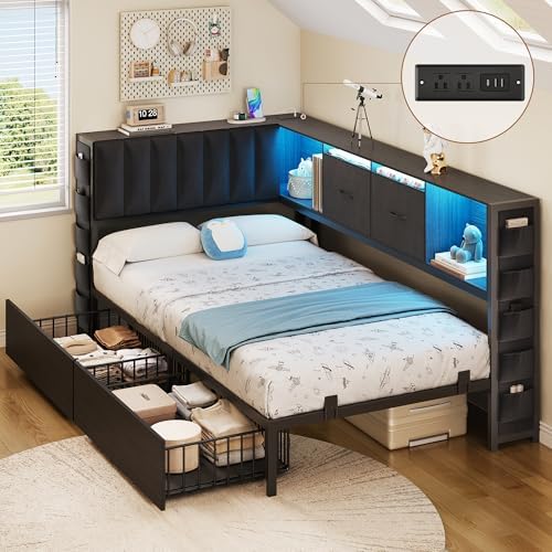 MapleGrace Twin Corner Bed Frame with Upholstered Storage Headboard and Drawers, Metal Platform Bed Frame with LED Light and Charging Station, Twin Daybed for Living Room, Bedroom & Guest Room, Black by MapleGrace