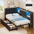 MapleGrace Twin Corner Bed Frame with Upholstered Storage Headboard and Drawers, Metal Platform Bed Frame with LED Light and Charging Station, Twin Daybed for Living Room, Bedroom & Guest Room, Black by MapleGrace