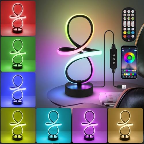 Modern RGB Table Lamps, 7 Colors 10 Light Spiral Bedside Lamp with Remote&APP, Cool Table Lamp, Dimmable LED Nightstand Lamp with Scene/Music Modes for Bedroom, Living Room, Christmas Gifts Black by BuyNow%EF%BC%81