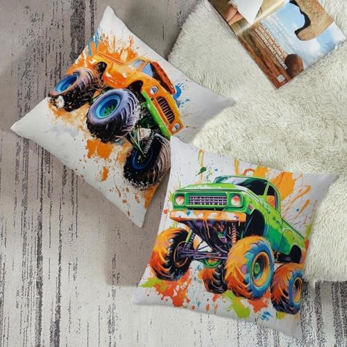 Watercolor Monster Truck Throw Pillow Cover 18x18 Inch,Set of 4 Kids Toddler Bedroom Decor,Abstract Cartoon Style Pillowcase for Sofa Vintage Hot Wheel Car Cushion Covers Boys Playroom Home Decoration - Image 3