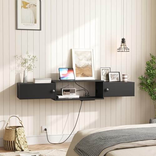 HOOBRO 55" Floating TV Stand with Power Outlets, Modern Wall Mounted Media Console Shelf with Doors, Entertainment Center for Under TV Storage, for Living Room, Bedroom, Black BK11UDS01 - Image 7