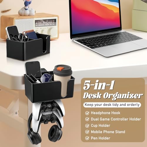 5 in 1 Controller Holder - Desk Cup Holder and Headphone Hanger, Rotatable Under Desk Clamp Organizer Dual Gamepad Headset Stand Gaming Desks Accessories for Xbox, PS4, PS5, PC, Switch - Image 2
