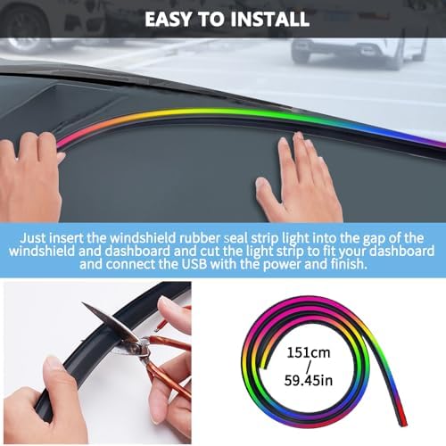 Car Interior Ambient Light Lighting Bar, Windshield Rubber Seal Gap Filler RGB LED Lights Strip Dashboard, Automotive Neon Accent Lights Accessories, Remote App Music Sync, 4.92ft/1.5m - Image 7