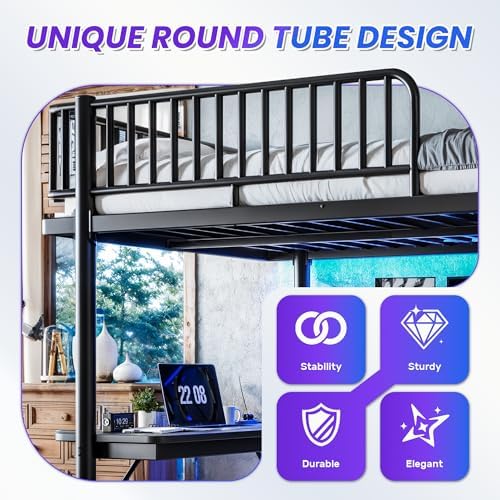 KEIKI Queen Size Metal Loft Bed Frame with L-Shaped Desk, Black - Image 7