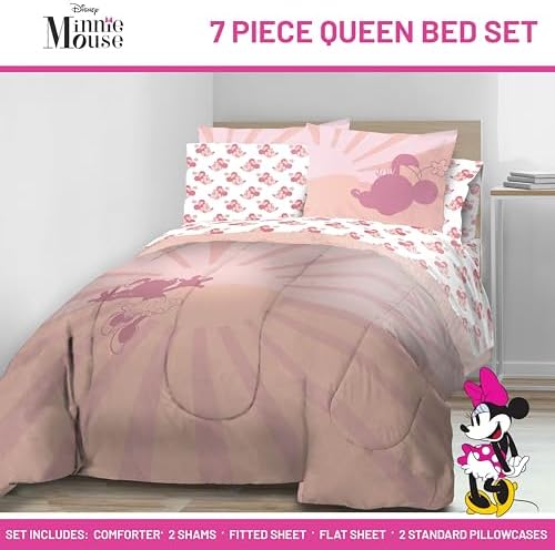 Disney Minnie Mouse Queen Comforter Set 7 Piece Bedding for Girls, Pink - Image 2