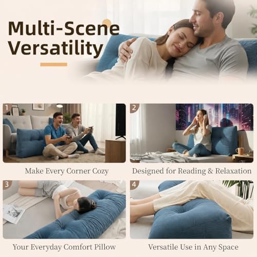 Wedge Reading Pillow Headboard Full Size, Headboard Bolster Pillow for Bed, Triangular Backrest Cushion with Removable Corduroy Cover, Blue - Image 5