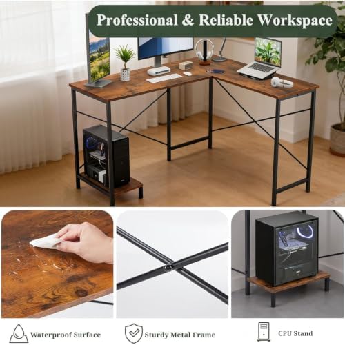L Shaped Desk Computer Desk, 50inch Brown Gaming Desk with CPU Stand - Image 5