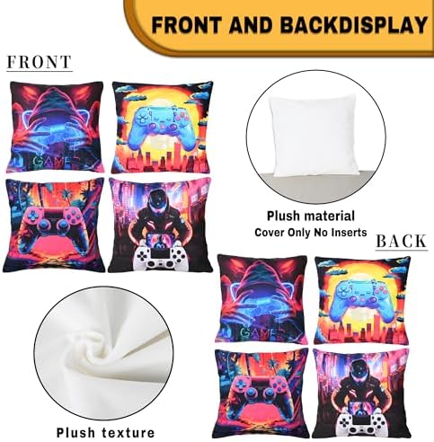 Gamer Gifts for Teen Boys， Gaming Boy Room Decor, Gaming Accessories for Teen Boy, Gamer Pillow Case Flannel Material， 4-Pack 18x18 inches (No Inserts) - Image 3