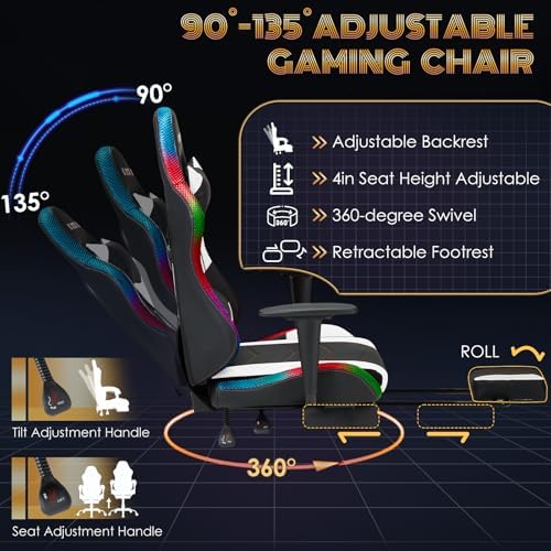 ECOTOUGE Racing Style RGB LED Lights Gaming Chair with Footrest | Video Game Chair for Adults and Kids, Lumbar Massage, High Back Reclining Computer Chair with Headrest, Black&White - Image 5
