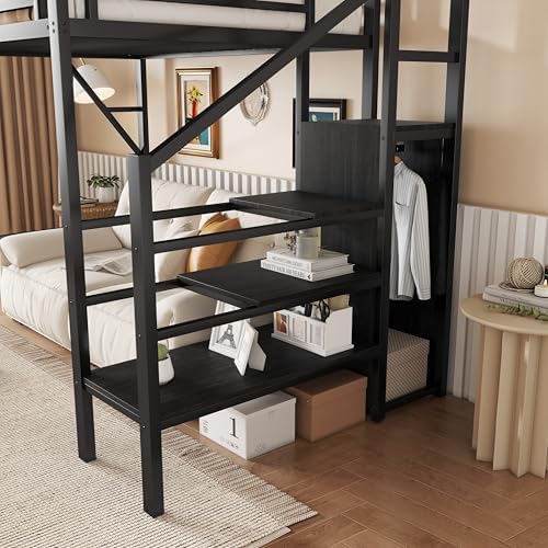 KEIKI Twin Size Metal Loft Bed Frame with Convertible Staircase, Built-in Storage Shelves & Wardrobe, Loft Bed with Solid Slats & Guardrail, No Box Spring Required, Easy Assembly, for Bedroom, Black - Image 6