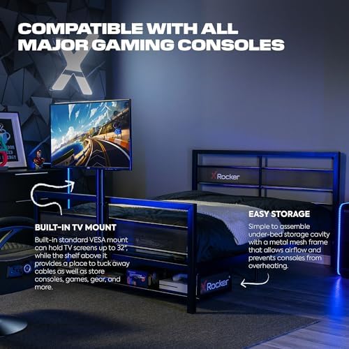 X Rocker Basecamp Full Size Gaming Bed, Rotating TV Mount with Vented Console Storage, Metal Mesh Frame with Slats, Amazon Exclusive, Black - Image 5
