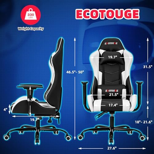 ECOTOUGE White Ergonomic PC Gaming Chair with Massage & Recline | Office Desk Chair, Racing PU Leather, Swivel Rocker, Headrest, Lumbar Pillow, Adjustable Height, Sturdy Base - Image 3