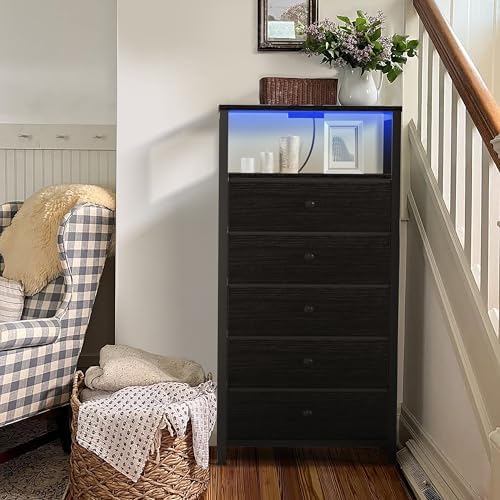 BOLUO Black Dresser with 5 Drawers Tall Nightstand with Charging Station and LED Light, Bedside Table Room Storage Drawers Closet - Image 5