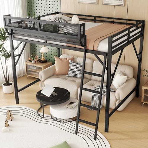 KEIKI Full Size Metal Loft Bed Frame with Ladder and Built-in Storage Shelves, for Teens, Modern Style Loft Bed with Solid Slats, Guardrail, No Box Spring Required, Easy Assembly, for Bedroom, Black - Image 4