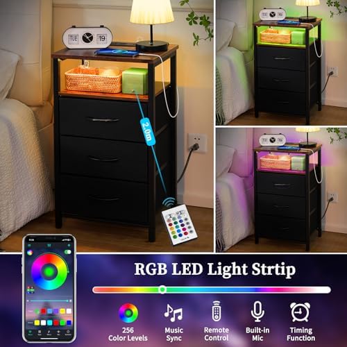 Yoobure Night Stand with Charging Station, 3 Fabric Drawers Nightstand, Bedside Tables with Storage Shelf, End Table with 16 Colors LED, Small Dresser for Small Space, Black Brown - Image 4