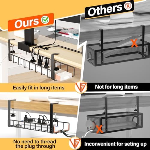 2 Pack Cable Management Under Desk Tray, 31.4" No Drill Under Desk Wire Management with Upgraded Clamp, Metal Cord Organizers for Desk with Cable Organizers, PC Cable Management Rack, Black - Image 2
