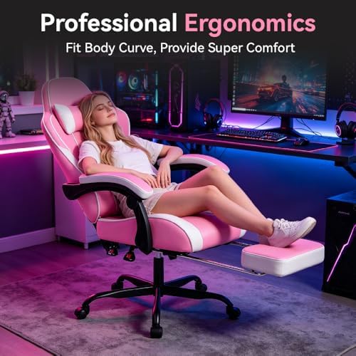 Pink Ergonomic Video Gaming Chair | Massage Lumbar Support, 90°-135° Reclining with Footrest, Adjustable Height 360° Swivel PU Leather Office Chair for Adults - Image 5