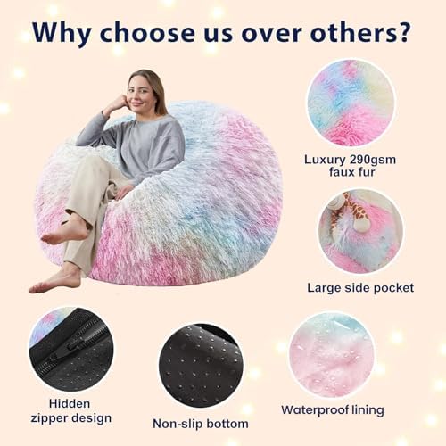 Bean Bag Cover (No Filler), Faux Fur Beanbag Chairs Covers Only, Stuffed Animal Storage Bean Bag, Giant Washable Beanbag Cover Without Filling, 6FT, Rainbow - Image 5
