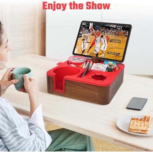 Couch Cup Holder Tray, Real Acacia Wooden Caddy with Soft Silicone, Snack and Drink Organizer- Perfect Movie Night Accessories for Bed, Remote and Cup Holders for Sofa (Red) - Image 5