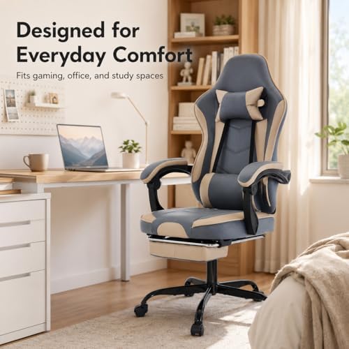 Gaming Desk Chair for Adults, Ergonomic Gaming Chair (Beige+Blue) | with Footrest & Headrest and Lumbar Support, Leather Material Height Adjustable computer Video Game Chairs - Image 4