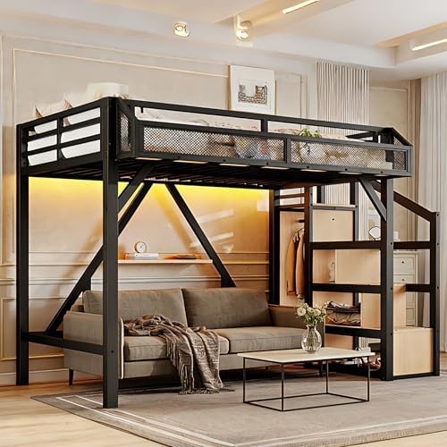 Bellemave Twin XL Loft Bed Frame with Storage Stairs, Beside Shelf & Wardrobe, Metal Loft Bed Twin XL with USB Ports & LED Light, Large Under-Bed Space Loft Beds for Adults, Teens, Kids, Black Natural by Bellemave