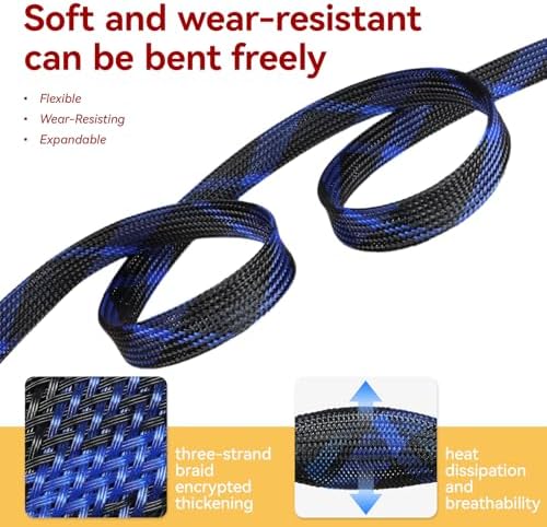 Braided Cable Sleeve, 16.4ft Expandable Mesh Cable Management Sleeve, Wear-Resistant Cord Protectors from Pets No Chew Flexible Wire Sleeving for Audio Video (Black and Blue, 1") - Image 3