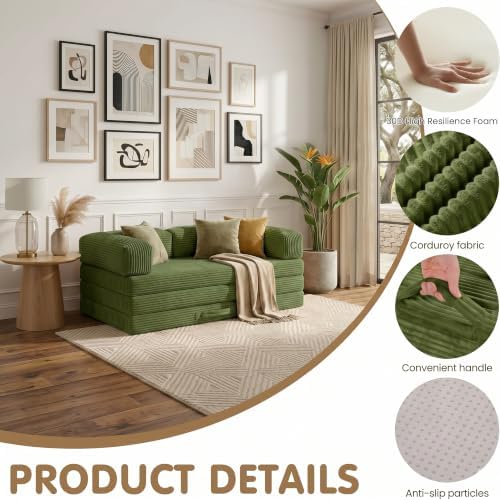 Convertible Sofa Bed Queen,5-in-1 Boneless Couch with Removable Armrests & Handle,Corduroy Futon Sleeper Sofa,Floor Folding Mattress Pull Out Bed for Small Space Apartment Living Room Bedroom,Green - Image 5