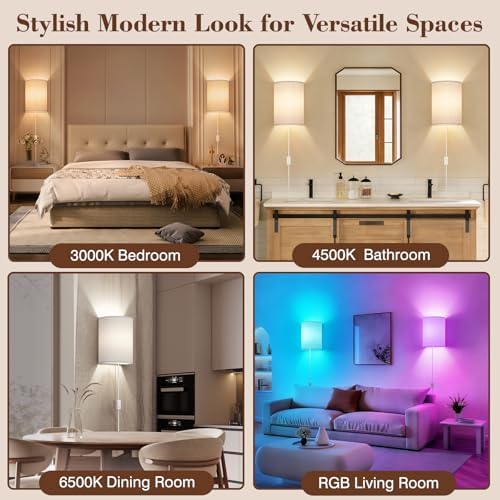 Plug in Wall Sconces Set of Two: Wall Lights with 7 RGB Colors - 3 Color Temperature Wall Mount Lamps with Remote - Fabric Linen Wall Sconc for Bedroom Living Room & Hallway- Indoor Corded Wall Sconce - Image 5