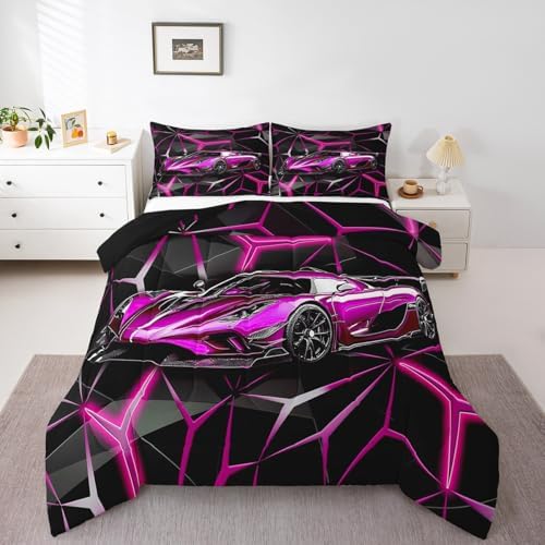 Feelyou Sports Car Comforter Set King Size, Rose Pink Racing Car Bedding Set 3Pcs for Kids Boys Teens Bedroom Decor, Geometric Print Quilt Set with 2 Pillowcase - Image 6