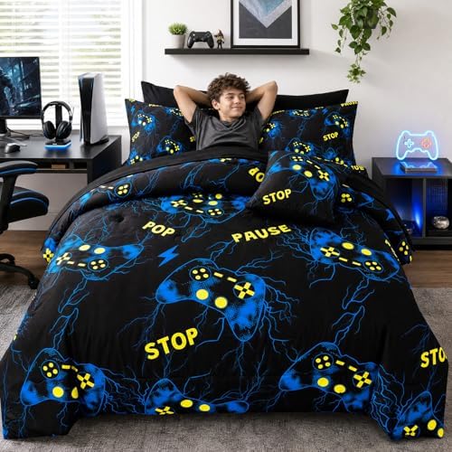 ZRNBAST 6-Piece Bed in A Bag Gamer Bedding Sets Full Size Blue Lightnings Gaming Comforter Set for Boys Teens Soft Lightweight Video Game Room Decor Home Quilt Set(Blue,Full) - Image 7