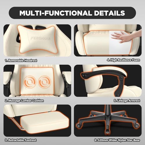 Ferghana Vintage PU Leather Gaming Chair, Ergonomic Gamer Chair with Massage, High Back Computer Office Chair with Footrest for Adults, Racing Style Reclining Video Game Chair (Beige) - Image 5