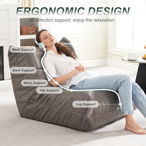 Hobestluk Bean Bag Chair Leather Togo Chair Memory Foam Living Room Adult | Ergonomic Design,Floor Chair,Waterproof Sofa,Easy Clean,Anti-slip ,No Assembly Required,Bedroom Dorm Office Reading Grey - Image 4