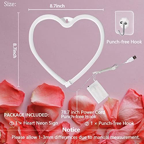 Pink Heart Neon Sign for Bedroom Decoration, Heart Led Light Sign 8.7×8.7 In Battery/USB Powered Romantic Love Hearts Neon Light for Wall Decor Art Kids Girl Room Wedding Party Valentine's Day Prsent - Image 5
