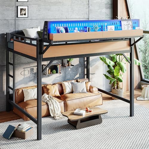 KEIKI Queen Metal Loft Bed with Shelves, Pegboard, USB Ports and LED Lights - Image 4