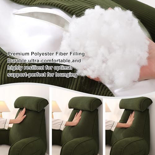 Corduroy Reading Pillow, Backrest Pillow for Sitting Up in Bed, Bed Rest Back Support Cushion for Daybed Sofa Couch, Lounge Pillow with Arms, Side Pockets & Washable Cover, Avocado Green - Image 6