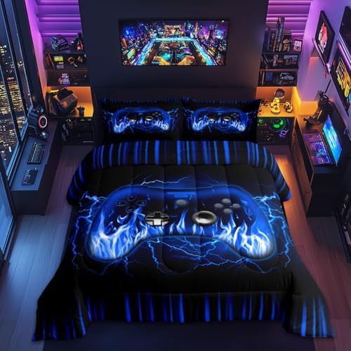 Feelyou Kids Gaming Gamer Bedding Set Toddler Size,Blue and Black Game Contoller Comforter Set for Teens Boys Bedroom Room Decor,Ombre Game Comforter,Geometric Gaming Bed Set by Feelyou