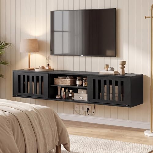 59" Floating TV Stand Wall Mounted with Power Outlet, Black - Image 7