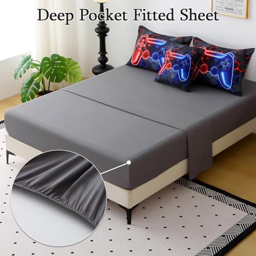 JQinHome Twin Gaming Bedding Set 6-Piece Comforter for Kids Teens - 3D Video Game Console Print Bed in a Bag with Ultra-Soft Fluffy Sheets, Red-Blue Unisex Design (Twin) - Image 4