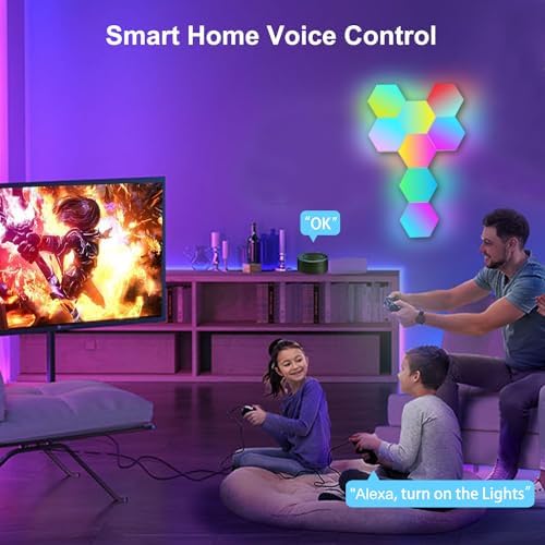 Large Hexagon LED Lights for Bedroom, Smart Home Gaming LED Wall Lights RGB-IC Gaming Room Decor Work with Alexa Google Assistant, Voice/App Control, Music Sync, DIY Modular Light Panels, 10 Pack - Image 4