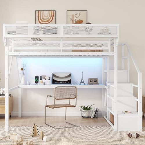 KEIKI Queen Size Metal Loft Bed Frame with Desk, Staircase, Built-in Storage Shelves and Wardrobe, Modern Loft Bed with Solid Slat, Guardrail, No Box Spring Required, Easy Assembly, for Bedroom, White - Image 3