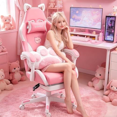 Vigosit Cat Ears Gaming Chair - Pink PU Leather Ergonomic Reclining Office Chair with Footrest, 310lb Capacity, 6-Position Recline, 360° Swivel - Image 2
