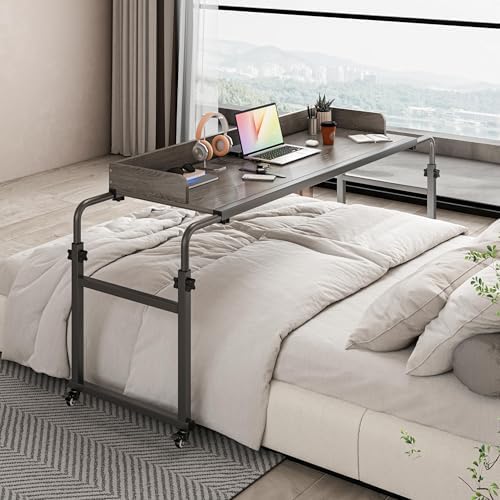 Furist Overbed Table with 360° Wheels, Queen Size Mobile Bed Desk, Recliner Table Over Bed Table Adjustable Height and Length Overbed Table with Heavy Duty Metal Leg for Hospital and Home use by FuristTec