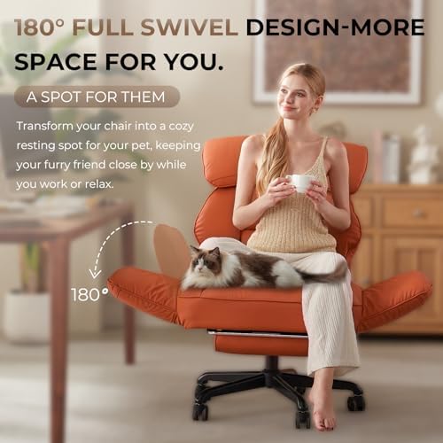 Dowinx Cross Legged Office Chair with Pivoting Armrests,Criss Cross Chair with Pocket Spring Seat & Back,Reclining Computer Gaming Chair with Footrest and Metal Base (Orange) - Image 3